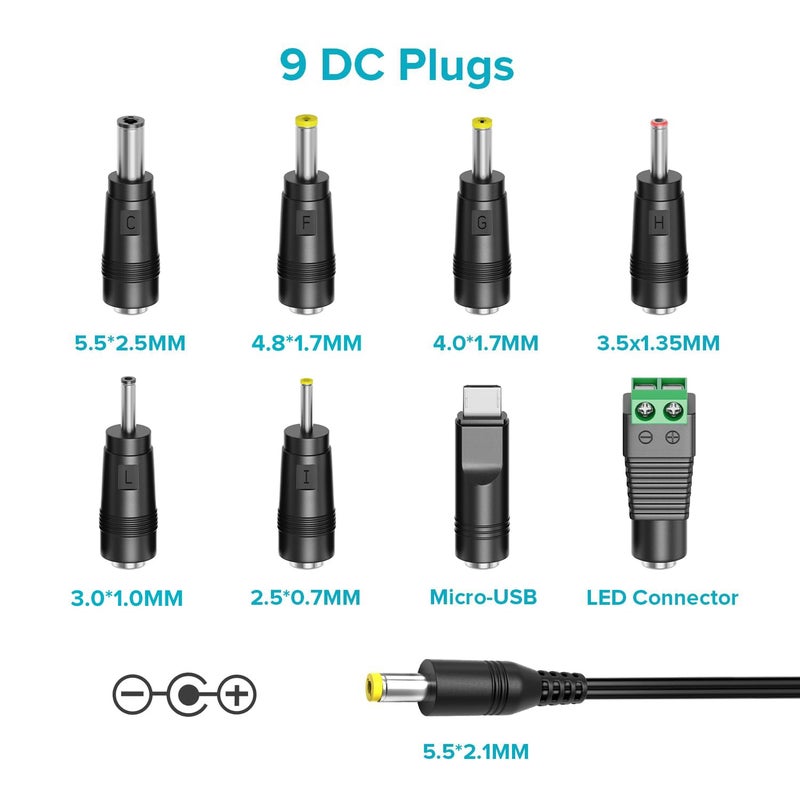 ZOZO Universal AC/DC Adapter 12W 3V 4.5V 5V 6V 7.5V 9V 12V Switching Power Supply Charger with 8 Tips 5.5x2.1mm 5.5x2.5mm Micro USB for Routers Speakers CCTV Cameras LED Strip Lights - Image 3